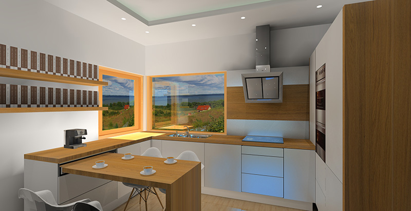 okna narożne, nowoczesna kuchnia, jasne dodatki, światło w kuchni, kuchnia w stylu skandynawskim